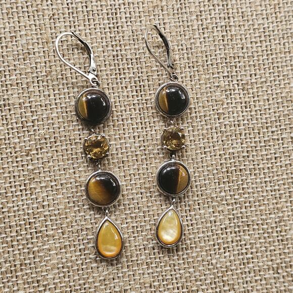925 Sterling Silver Tone South African Tigers Eye Gemstone Drop Dangle Earrings - Picture 2 of 4